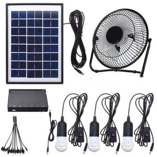 3*3W Solar Power Panel USB Charging LED Light with Fan Kit for Home Outdoor Camping