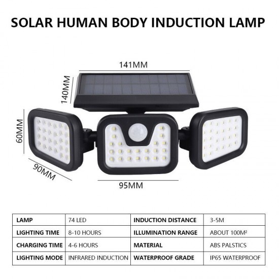 74LED/100COB 3 Modes Solar Wall Light Triple Head Outdoor Sensor Light