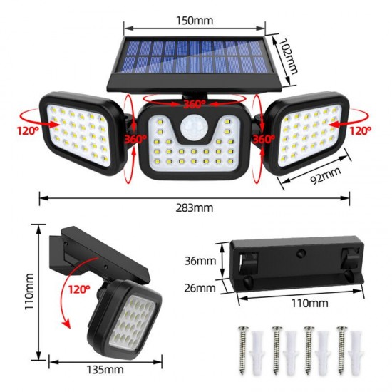 74LED/100COB 360°Rotatable Motion Sensor Solar Wall Floodlights , 3 Lights Modes Upgraded Three Side Spotlights Waterproof Solar Security Lights for Yard Garden Garage Patio Porch Deck Driveway Outsides Wall