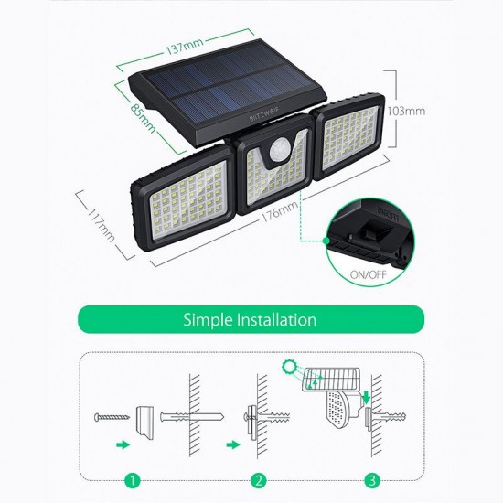 BW-OLT4 Rotatable 3 Heads Adjustable Waterproof 120°PIR Sensor Solar Flood Light BW-OLT4 Rotatable 3 Heads Adjustable Waterproof 120°PIR Sensor Solar Flood Light