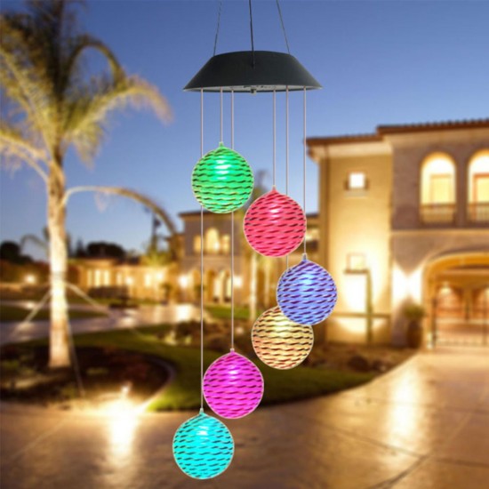 Color Changing Solar LED Rattan Balls Hanging Spiral String Wind Chimes Lamp Light