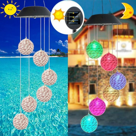 Color Changing Solar LED Rattan Balls Hanging Spiral String Wind Chimes Lamp Light