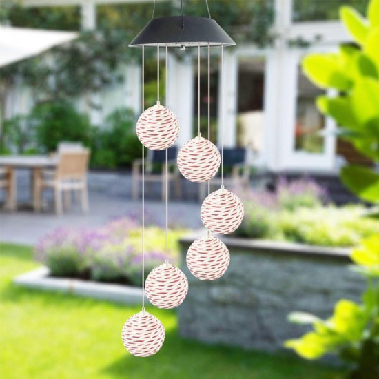 Color Changing Solar LED Rattan Balls Hanging Spiral String Wind Chimes Lamp Light