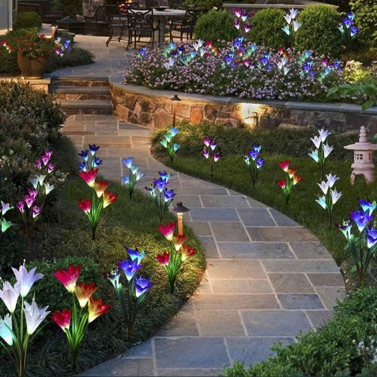 Colorful 4 LED Waterproof Solar Powered Lily Flower Garden Lawn Light Waterproof IP65 Lamp