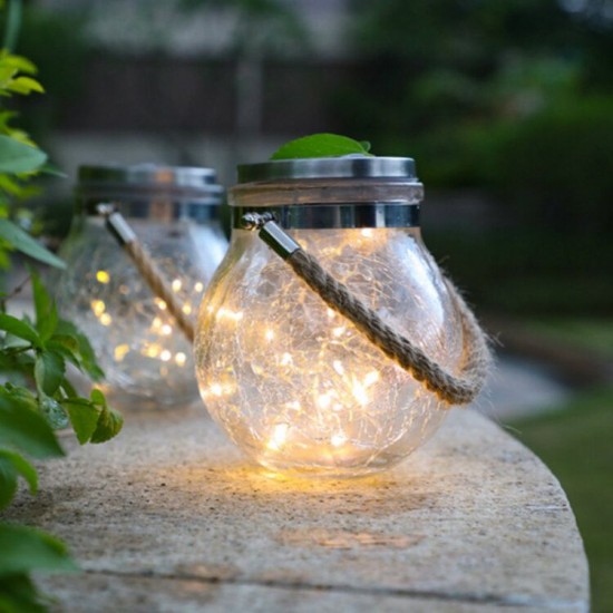 LED Solar Power Crackle Ball-shaped Mason Jar Copper Wire Hanging Lights for Outdoor Patio Tree Decor
