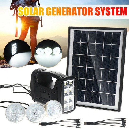 Solar Panel Generator System Portable Home Kit with 3PCS 3W LED Light Bulb USB Charger Camping Lamp