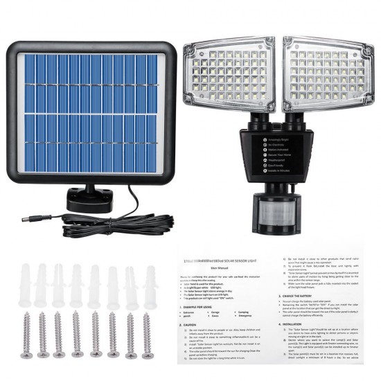 Solar Powered 100 LED 800LM Motion Sensor Light Adjustable Wall Light Waterproof Outdoor Garden