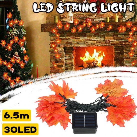 Solar Powered 6.5M 30LED Fall Maple Leaves Garland Fairy Light Outdoor Garden Lawn Lamp