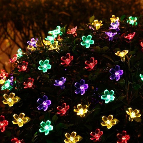 Solar Powered 7M LED Sakura Flower String Light Long Bright + Single Mode/7 Modes Outdoor Garden Blossom Lamp