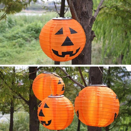 Solar Powered LED Pumpkin Night Light Lantern Hanging Lamp Halloween Decor