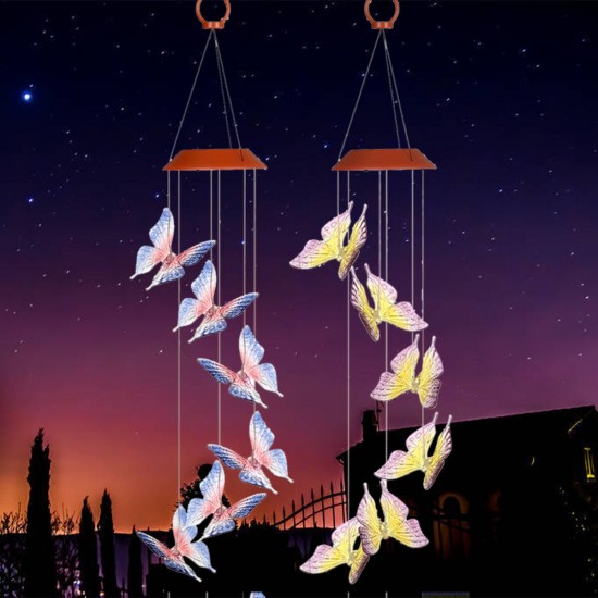 Solar Powered LED Wind Chime Light Hanging Color-Changing Yard Garden Butterfly Lamp Decor