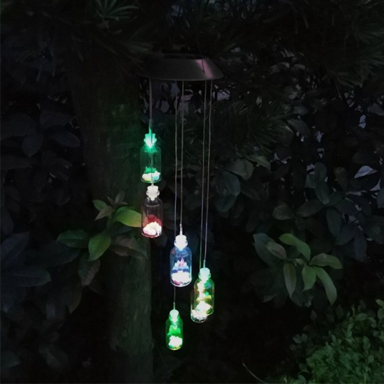 Solar Powered LED Wishing Bottle Wind Chime Hanging Light Color Changing Lamp Garden Decor Room