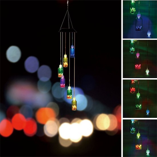 Solar Powered LED Wishing Bottle Wind Chime Hanging Light Color Changing Lamp Garden Decor Room