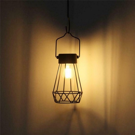 Solar Powered Retro Vintage Hanging Metal Cage Light Outdoor Garden Lantern With Bulb