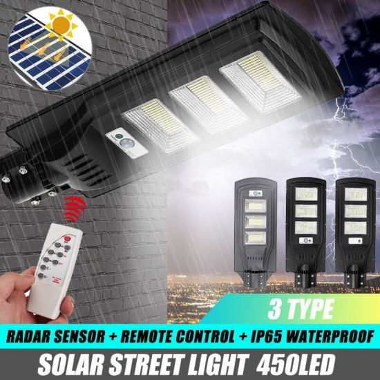 450LED Waterproof Solar Panel Street Light Radar Sensor Wall Lamp Remote Control