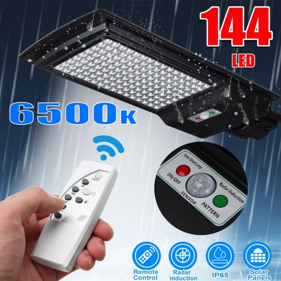 Radar Induction 144LED Solar Street Light Security Wall Lamp Waterproof Outdoor Garden Lighting + Remote Control