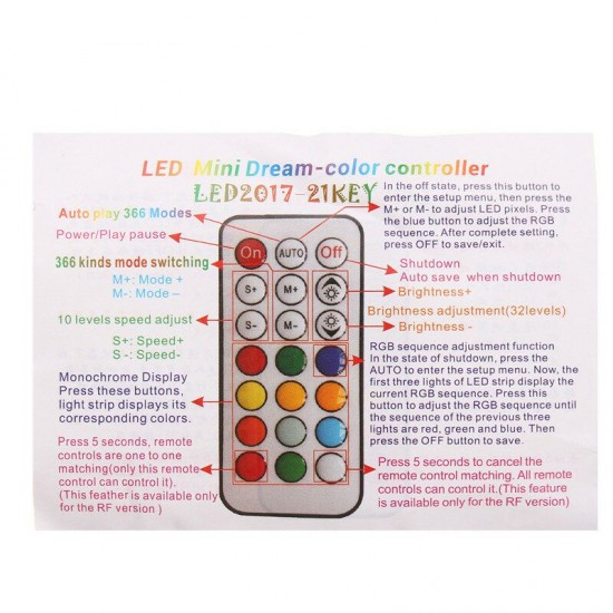 21 Keys LED Mini Dream Color IR Controller for WS2812 WS2812B WS2811 Strip Light DC5-24V