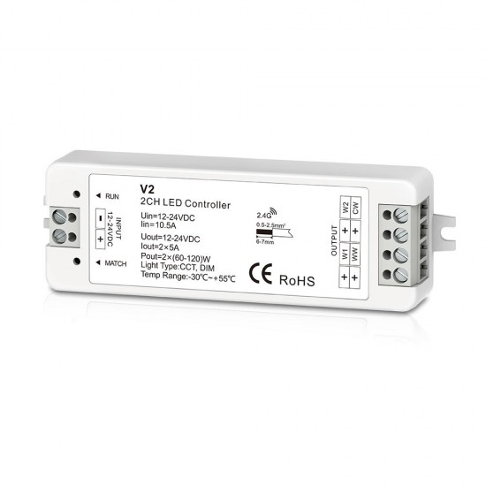 DC12-24V 2CH 10A WW/CW Dual Color PWM Constant LED RF Controller for Strip Light DC12-24V 2CH 10A WW/CW Dual Color PWM Constant LED RF Controller for Strip Light