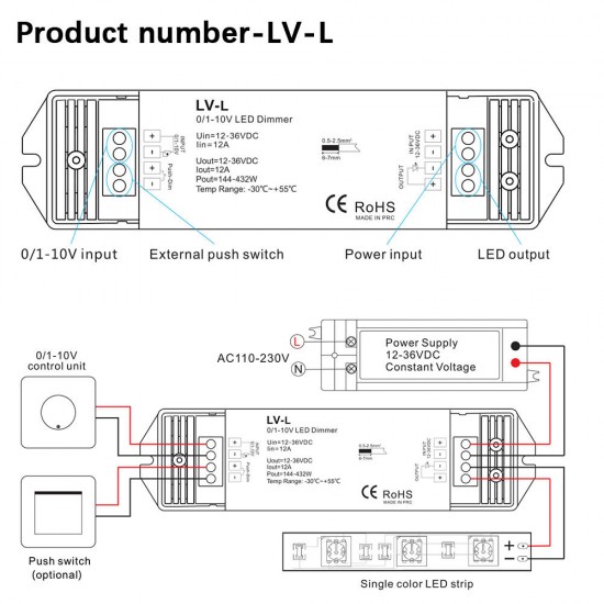 LV-L DC12-36V To 0/1-10V PWM Constant Current LED Dimmer Controller for Single Color Strip Light
