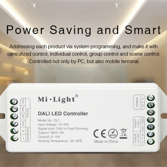 DL1 DALI LED Dimmer Controller Single Channel Max 12A Dimming Signal/Push Dimming for Strip Light DC12V-24V DL1 DALI LED Dimmer Controller Single Channel Max 12A Dimming Signal/Push Dimming for Strip Light DC12V-24V