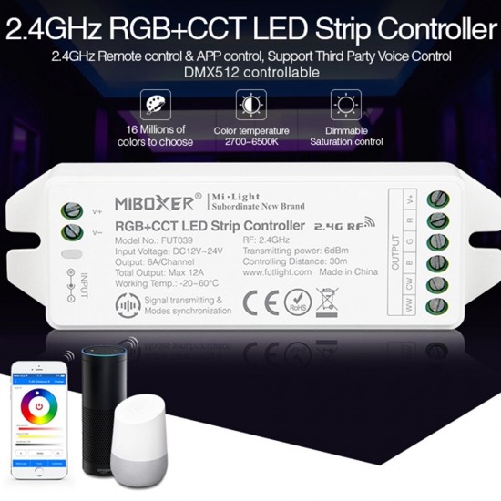 FUT039(Upgraded) 2.4GHz RGB+CCT LED Strip Controller Work with DMX512 Amazon Alexa Google Home DC12-24V
