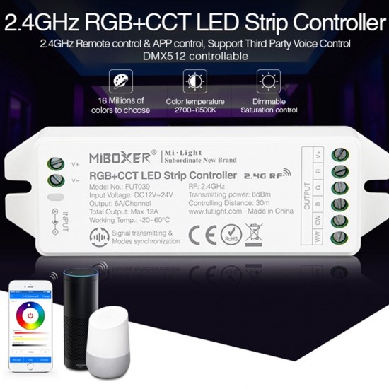 FUT039(Upgraded) 2.4GHz RGB+CCT LED Strip Controller Work with DMX512 Amazon Alexa Google Home DC12-24V FUT039(Upgraded) 2.4GHz RGB+CCT LED Strip Controller Work with DMX512 Amazon Alexa Google Home DC12-24V