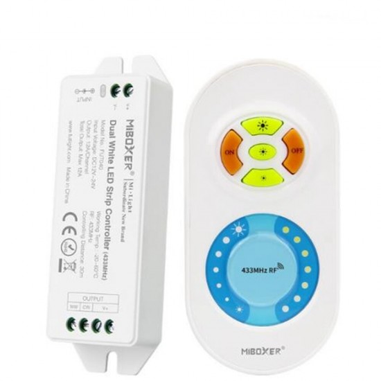 FUT040(Upgraded) Dual White Color Temperature LED Strip Light Controller + 433MHz RF Remote Control DC12-24V