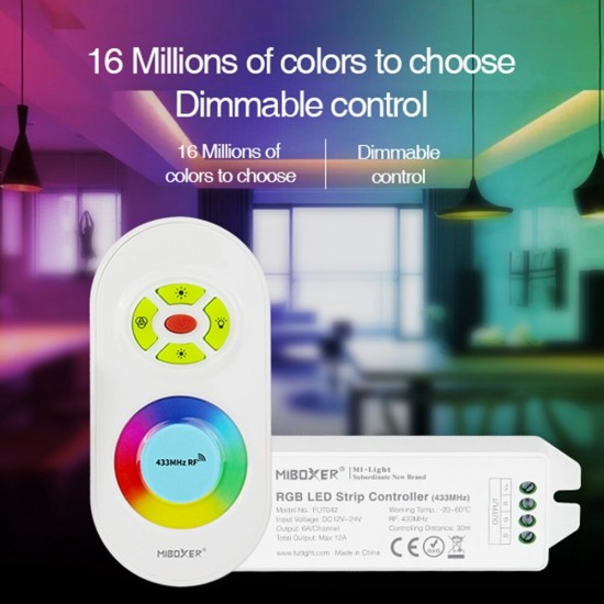 FUT042(Upgraded) LED Controller + 433MHz RF Remote Control for RGB LED Strip Light DC12-24V