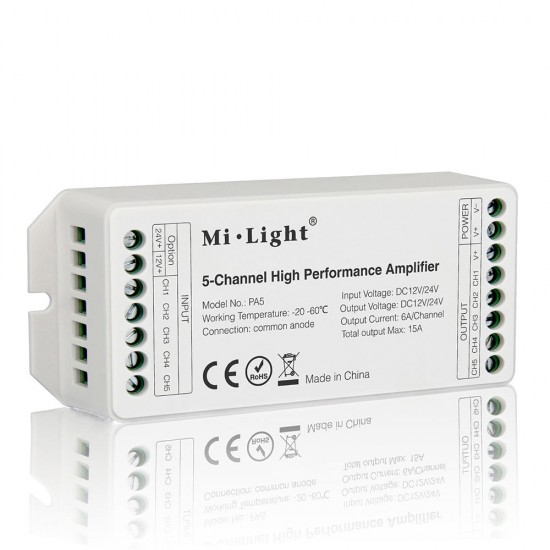 PA5 DC12V-24V 15A 5-Channel RGB RGBW RGB+CCT LED Strip Controller Amplifier