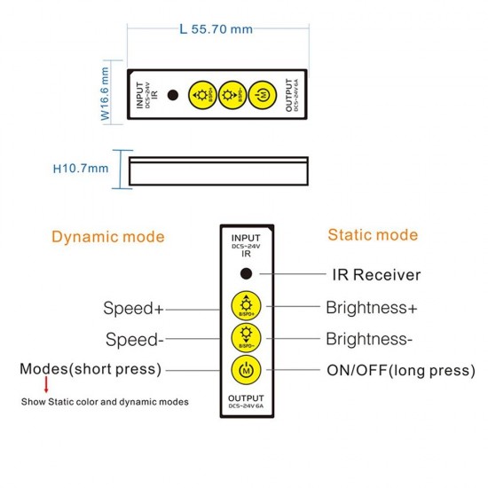 Mini 3Keys Button IR LED Dimmer Controller+14Keys Remote Control for Single Color Strip Light DC5-24V Mini 3Keys Button IR LED Dimmer Controller+14Keys Remote Control for Single Color Strip Light DC5-24V