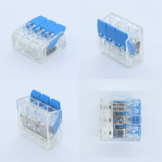 PCT-413 10PCS 3Pin Quick Wire Connector 32A 450V Spring Terminal Block Connectors Box Kit