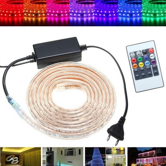 1/2/3/5M SMD5050 LED RGB Flexible Rope Outdoor Waterproof Strip Light + Plug + Remote Control AC220V