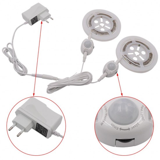 DC12V 2PCS 1.5M SMD3528 Warm White Waterproof PIR Motion Sensor LED Strip Light + EU Plug