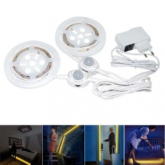 DC12V 2PCS 1.5M SMD3528 Warm White Waterproof PIR Motion Sensor LED Strip Light + EU Plug