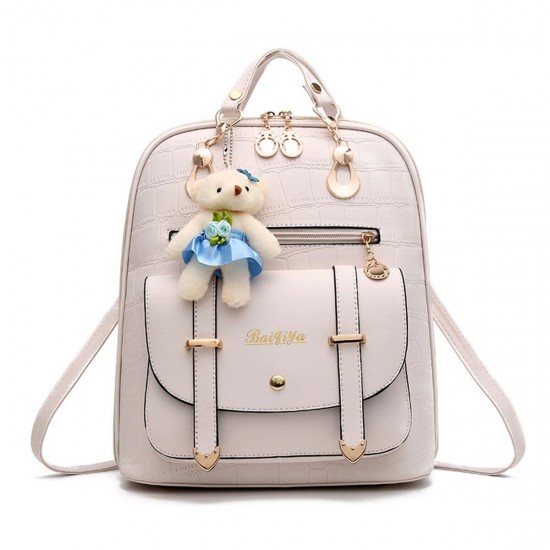 PU Leather Backpack Double Shoulder Bag Women Schoolbag Handbag Crocodile Pattern with Bear Pendant Laptop Bag