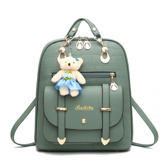 PU Leather Backpack Double Shoulder Bag Women Schoolbag Handbag Crocodile Pattern with Bear Pendant Laptop Bag