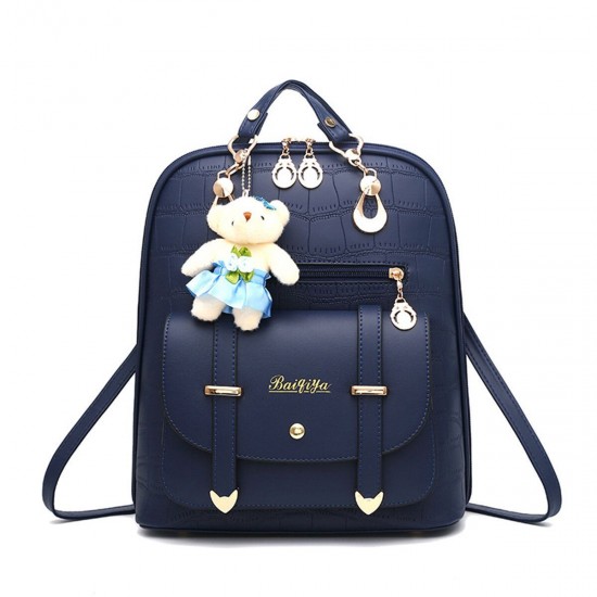 PU Leather Backpack Double Shoulder Bag Women Schoolbag Handbag Crocodile Pattern with Bear Pendant Laptop Bag PU Leather Backpack Double Shoulder Bag Women Schoolbag Handbag Crocodile Pattern with Bear Pendant Laptop Bag
