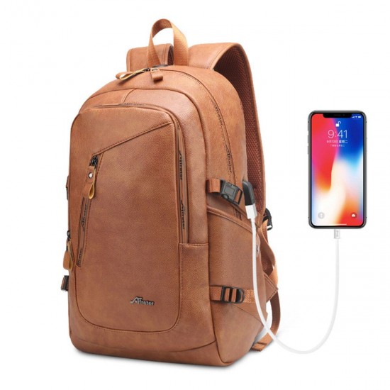 PU Leather Backpack Laptop Bag Shoulder Bag with USB Charging Waterproof Travel Storage Bag for 17 inch Notebook