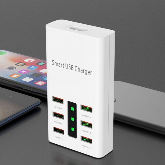 6 Port 30W Smart USB Charger Multi-Port Power Adapter LED Display Station Fireproof Intelligent Charger Universal 100-240V 2A