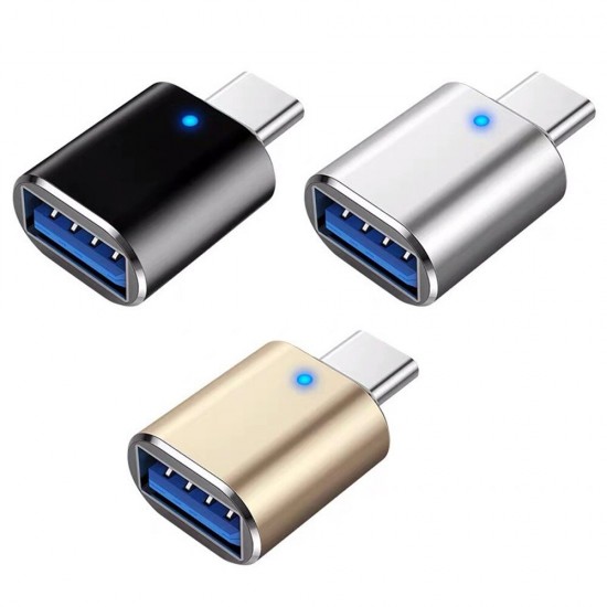 USB3.0 to type-C Adapter Converter Connector Aluminum Alloy with Breathing Lamp for Vehicle Mobile Phone