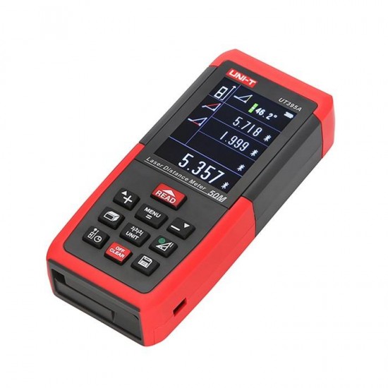 UNIT UT395A Professional 50M Laser Distance Meter Triangle Area Continuous Measure Rangefinder with Data Storage USB Connector + Color LCD Display