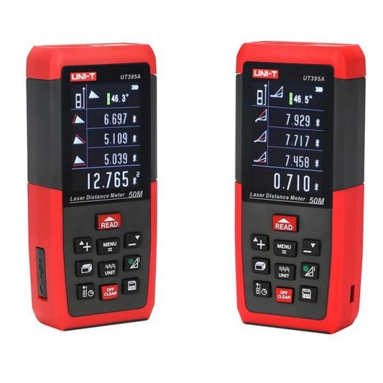 UNIT UT395A Professional 50M Laser Distance Meter Triangle Area Continuous Measure Rangefinder with Data Storage USB Connector + Color LCD Display