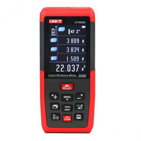 UNIT UT395A Professional 50M Laser Distance Meter Triangle Area Continuous Measure Rangefinder with Data Storage USB Connector + Color LCD Display