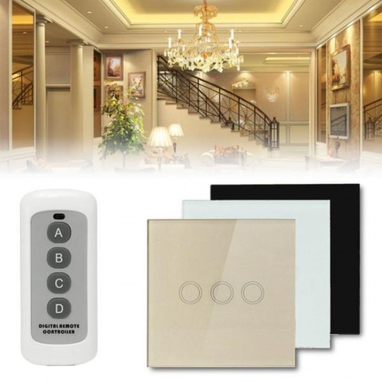 1 Way 3 Gang Crystal Glass Panel Touch Light Wall Switch Remote Controller