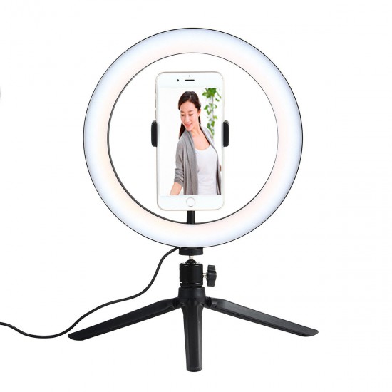 10 Inch LED Dimmable 3200K-5500K Video Ring Light with Phone Clip Tripod Head Mini Tripod 10 Inch LED Dimmable 3200K-5500K Video Ring Light with Phone Clip Tripod Head Mini Tripod