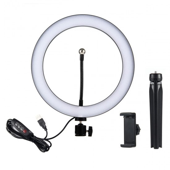 10 Inch LED Dimmable 3200K-5500K Video Ring Light with Phone Clip Tripod Head Mini Tripod 10 Inch LED Dimmable 3200K-5500K Video Ring Light with Phone Clip Tripod Head Mini Tripod