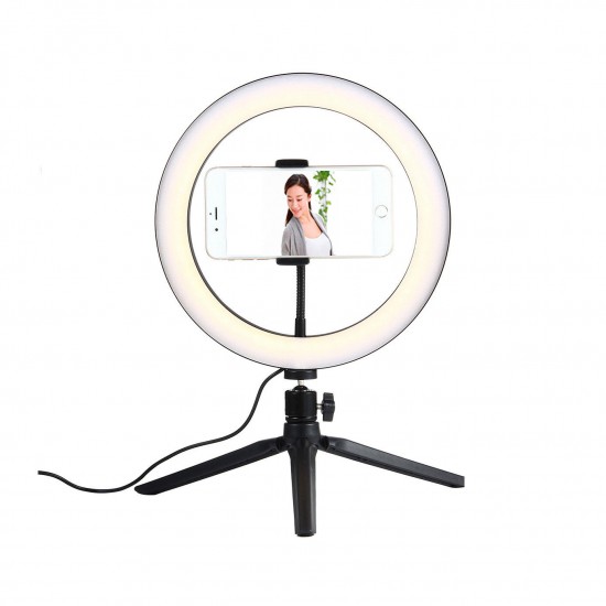 10 Inch LED Dimmable 3200K-5500K Video Ring Light with Phone Clip Tripod Head Mini Tripod 10 Inch LED Dimmable 3200K-5500K Video Ring Light with Phone Clip Tripod Head Mini Tripod