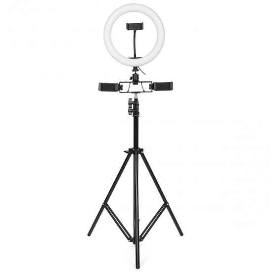 26cm LED Ring Light 3 Color 10 Brightness Dimmable Fill Light with Tripod Stand Dual Phone Clip for Youtube Live Stream Tiktok Broadcast