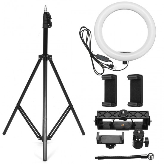 26cm LED Ring Light 3 Color 10 Brightness Dimmable Fill Light with Tripod Stand Dual Phone Clip for Youtube Live Stream Tiktok Broadcast
