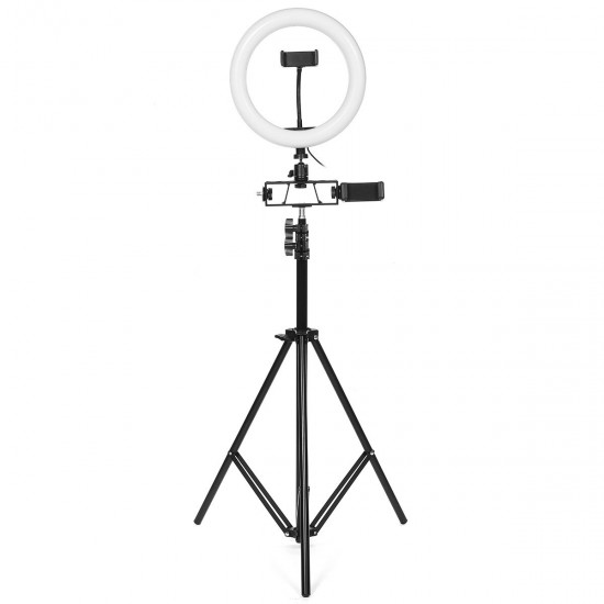 26cm LED Ring Light for Youtube Live Stream Tiktok Broadcast 10 Brightness Dimmable 2800-6500K Makeup Fill Light with Tripod Stand Dual Phone Clip